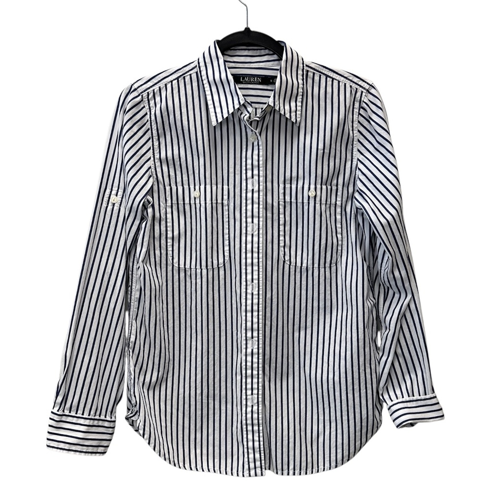 Lauren Ralph Lauren Crisp Blue White Striped Button Up Blouse Shirt Size Small S